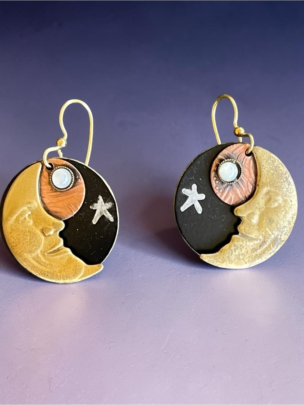 90s Celestial Moon Star Brass Copper Mixed Metal Artisan Drop Earrings